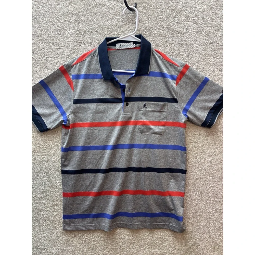 John Duke Paris Polo Shirt Men *Large Gray Striped Penny Farthing Embroider Logo